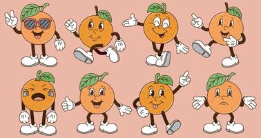 Set of Funny cartoon character of Orange. Can be used as Sticker, posters, prints. The comic elements in trendy retro cartoon style vector