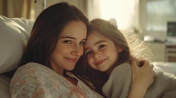 un madre y hija abarcar, compartiendo calor y sonrisas en suave ligero foto