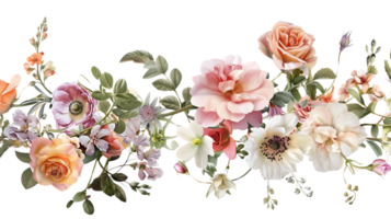 Blooming Floral Garland with Transparent Background,  Pink and Peach Roses with Delicate White Flowers png