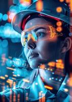 Young engineer in futuristic glasses and helmet, surrounded by glowing digital data, showcasing technological advancements and innovation. photo