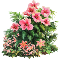 Vibrant hibiscus and tropical flowers in a lush green garden png