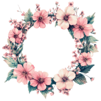 Beautiful floral wreath with pink flowers and greenery, cut out - stock . png