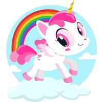 Cute Magical Baby Unicorn Cartoon Character Running Around Rainbow Over Cloud vector