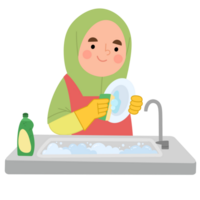 Cartoon illustration of girl washing dishes png