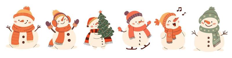 Set of illustrations in children's style on white background. Cute New Year snowmen. vector