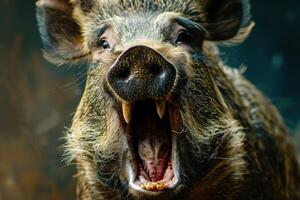 Wild boar showing teeth growling dangerously photo