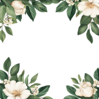 Elegant floral frame with white flowers and green leaves, perfect for wedding invitations, greeting cards, and art projects. png