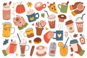 Autumn drinks and desserts set in flat cartoon style. Cozy collection with illustrations of hands with coffee cups, hot chocolate, pumpkin spice latte. Seasonal designs and fall holiday parties vector