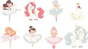 Set of cute illustrations on the theme of ballet. Cute ballerinas, swan and unicorns. vector