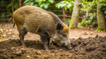 A wild boar digging in the dirt near the edge of its enclosure photo