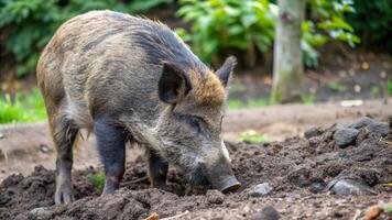 A wild boar digging in the dirt near the edge of its enclosure photo