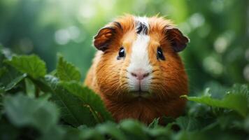 Close-up of a Cute Guinea Pig in Green Foliage. photo