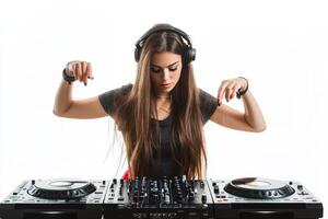 Dynamic female DJ mixing beats on turntables against a white background in a studio setting photo