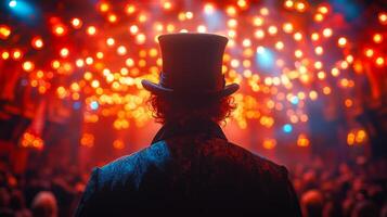 A man in a top hat stands in front of a crowd of people. The lights are bright and the atmosphere is lively photo