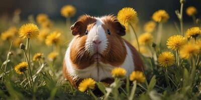 Guinea pig sits among dandelions in grassy field. photo