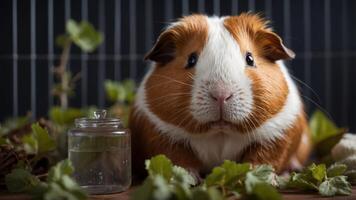 Brown as well as white guinea pig drinking from water bottle within cage. photo