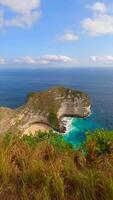 mulher viajante explorando Kelingking de praia em Nusa penida ilha, Bali, Indonésia video