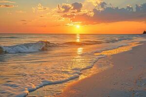 Serene beach at sunrise with gentle waves photo