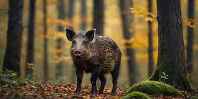 Cute very young wild boar standing in forest. photo