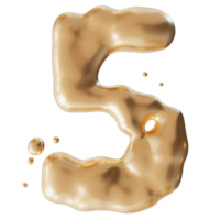 Dynamic golden liquid number 5, on transparent background. Elegant fluid, luxurious metallic surface. Numeral five. Flowing molten gold. Cut out design element. Fifth birthday, anniversary. 3D. png