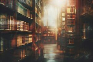 Blurred abstract library background with bookshelves, cozy academic atmosphere photo