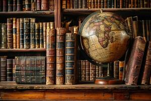 Old geographical globe and old book in cabinet with bookselfs. Science, education, travel background. History and geography team. Ancience, antique globe on the background of books photo