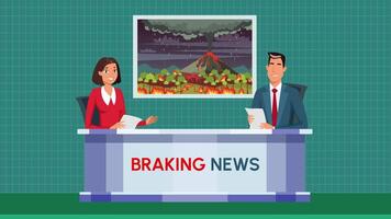 Live Breaking news cartoon news anchor and reporter on the desk TV studio background animation video