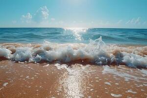 Summer Vacation Beach Scene Serene Ocean Waves Hitting Sandy Shore Under Bright Sunlight - Perfect for Travel Posters and Wallpaper Designs photo