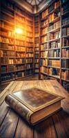 A book is sitting on a wooden table in a library. Concept of warmth and comfort, as if the reader is enjoying a quiet moment in the library photo