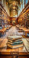 Old books are lying on the table in the library. The library is filled with many books, and the atmosphere is quiet and calm. photo