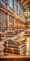 Old books are lying on the table in the library. The library is filled with many books, and the atmosphere is quiet and calm. photo