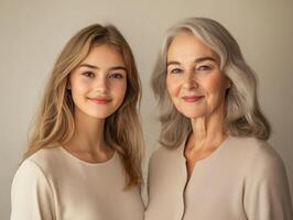 retrato de dos hermosa mujer, uno mas joven y uno más viejo, en pie lado por lado, sonriente, con un suave neutral antecedentes foto