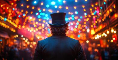 A man stands with his back to the camera, watching vibrant lights and decorations during a bustling night festival in a lively setting. photo