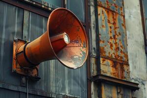 Old rusty megaphone hanging on a grunge industrial building wall photo