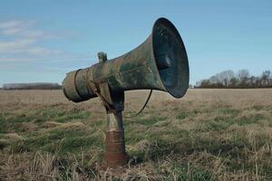 Old rusty loudspeaker standing in a field with trees in the background photo