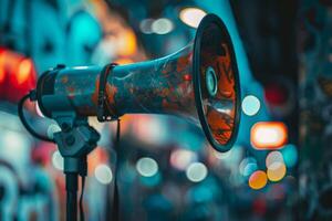 Painted megaphone announcing an event in a blurred urban environment photo