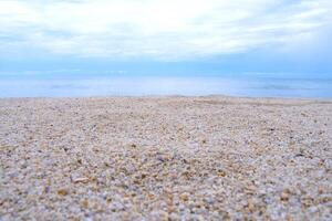 Tranquil Sandy Beach with Clear Blue Sky and Calm Ocean Waves on a Serene Summer Day photo