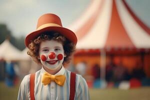 Happy child clown on background stripes tent of circus. Show and childish entertainment. Circus canopy performance. Girl character in clown makeup. Funny clown on holiday photo