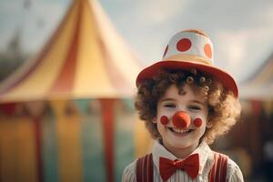 Happy child clown on background stripes tent of circus. Show and childish entertainment. Circus canopy performance. Girl character in clown makeup. Funny clown on holiday photo