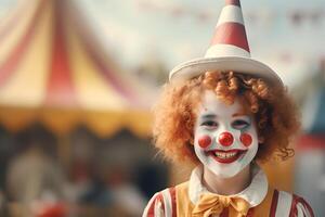 Happy child clown on background stripes tent of circus. Show and childish entertainment. Circus canopy performance. Girl character in clown makeup. Funny clown on holiday photo