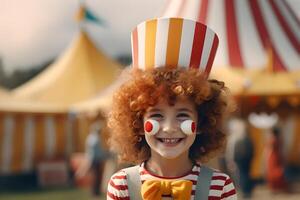 Happy child clown on background stripes tent of circus. Show and childish entertainment. Circus canopy performance. Girl character in clown makeup. Funny clown on holiday photo