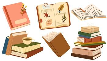 Pile of books, cup of tea cartoon set. Opened and closed books for reading, herbarium. Education, knowledge, study concept. Cozy autumnal reading. Flat illustration isolated vector