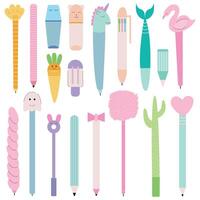 Kawaii pens and pencils flat set. Pens and markers big set vector