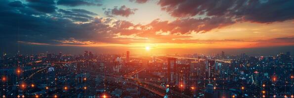 Sunset over technologically advanced city, network of digital connections and nodes. Wide banner photo