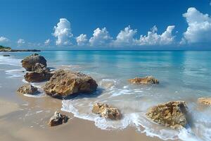 Serene Beach Scene with Rocky Shoreline and Calm Waves Under a Clear Blue Sky photo