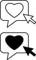 Icons Click Like. Black and White Icons. Clicking the Computer Mouse Arrow on the Heart. Approval, Delight, Like. Social Media Concept vector