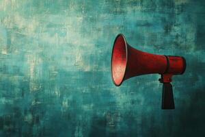 Red Megaphone Against a Textured Teal Wall photo