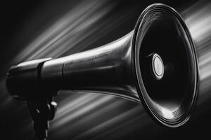 Black and White Photograph of a Megaphone with Blurred Background photo