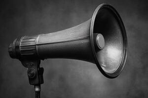 Black Megaphone on a Tripod Stand Against a Gray Background photo