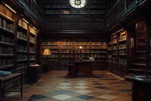 A cozy wooden library with tall bookshelves and a warm lamp during the late afternoon photo